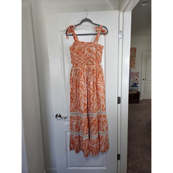 Sincerely Jules Orange Palm Leaf Tiered Cutout Ties Maxi Sundress, Women's Large - Picture 10 of 14